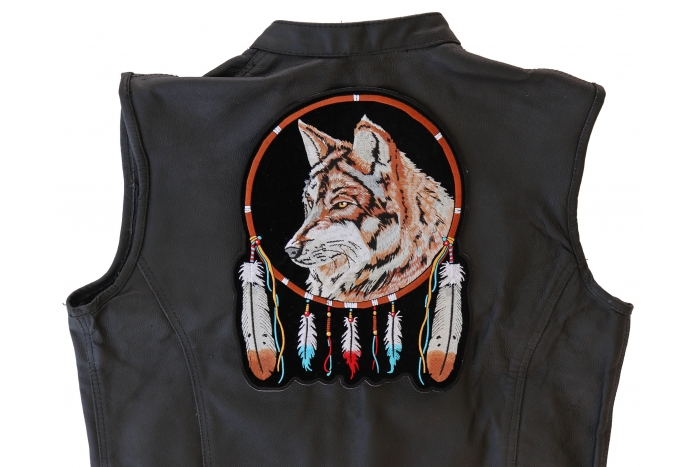 Dreamcatcher Wolf Feathers Patch, Large Animal Patches for Jackets shown on leather vest