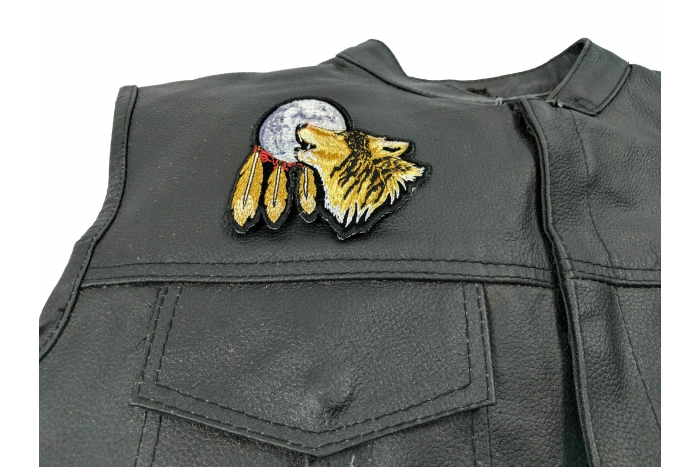 Wolf Moon Small Patch - 3.5x3.5 inch. Embroidered Iron on Patch shown on leather vest