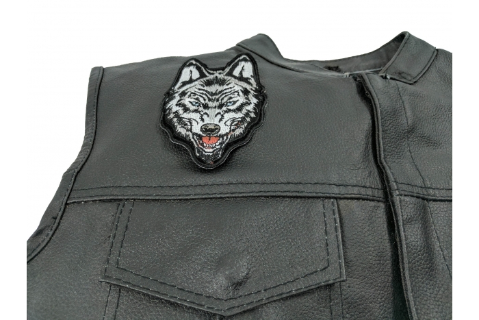 Wolf Small Iron on Patch - 3x4.5 inch. Embroidered Iron on Patch shown on leather vest