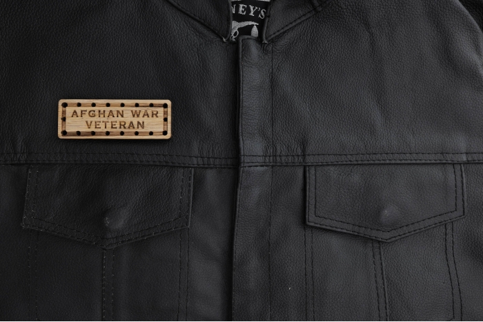 Afghan War Veteran Oak Wood Patch shown on leather vest