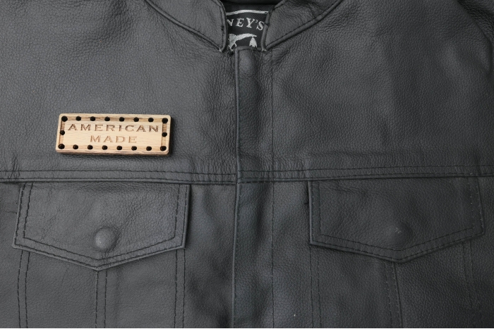 American Made Oak Wood Patch shown on leather vest