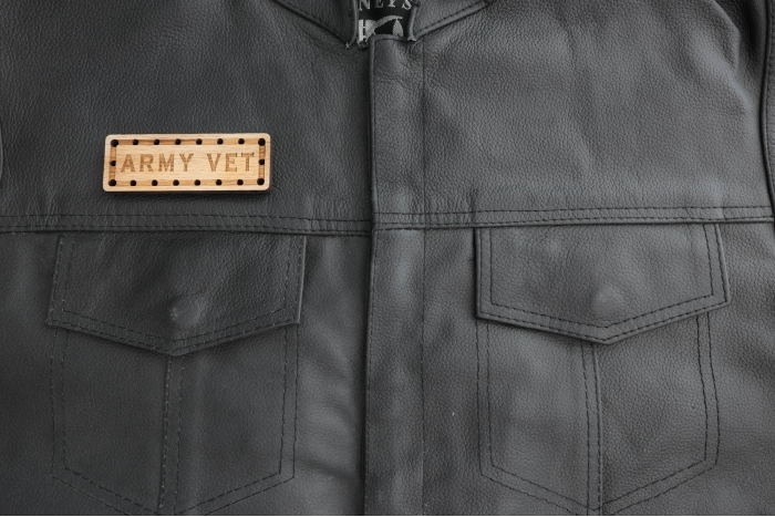Army Vet Oak Wood Patch shown on leather vest