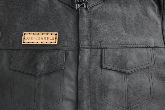 Bad Example Oak Wood Patch shown on leather vest