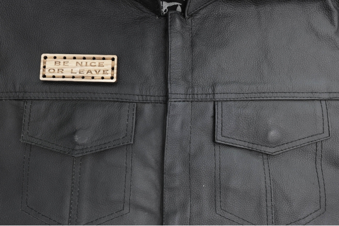 Be Nice or Leave Oak Wood Patch shown on leather vest