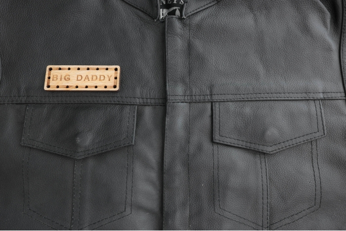 Big Daddy Oak Wood Patch shown on leather vest