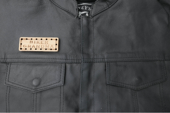 Biker Grandma Oak Wood Patch shown on leather vest