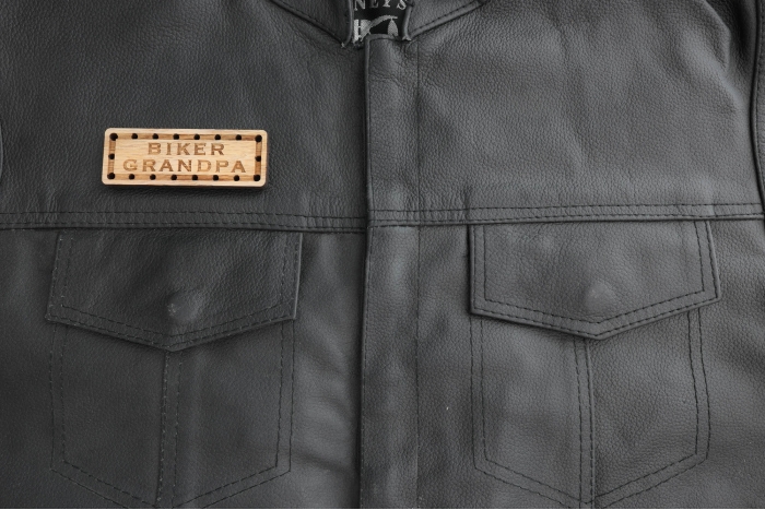 Biker Grandpa Oak Wood Patch shown on leather vest