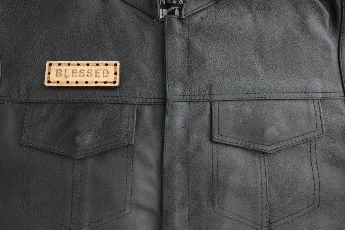 Blessed Oak Wood Patch shown on leather vest