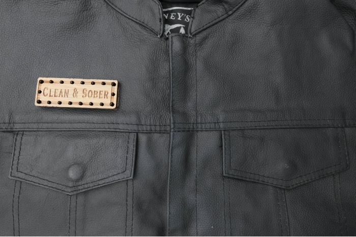 Clean and Sober Oak Wood Patch shown on leather vest