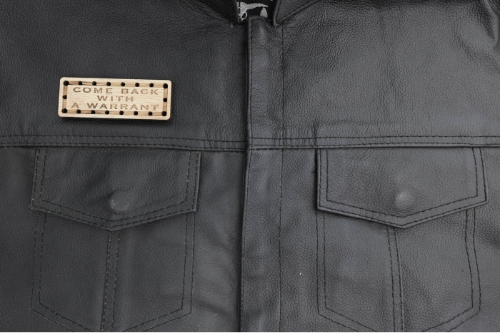 Come Back with a Warrant Oak Wood Patch shown on leather vest