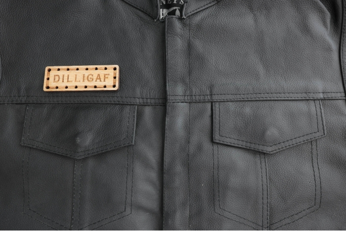 Dilligaf Oak Wood Patch shown on leather vest