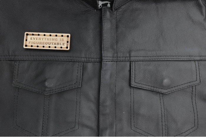 Everything is Figureoutable Oak Wood Patch shown on leather vest