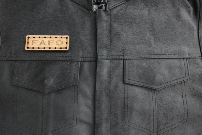 FAFO Oak Wood Patch shown on leather vest