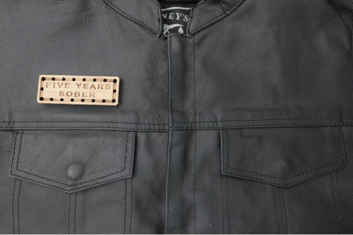 Five Years Sober Oak Wood Patch shown on leather vest