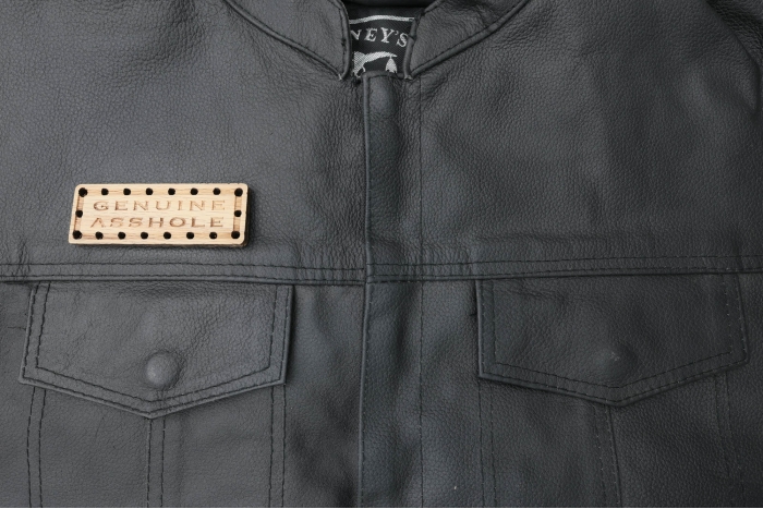 Genuine Asshole Oak Wood Patch shown on leather vest