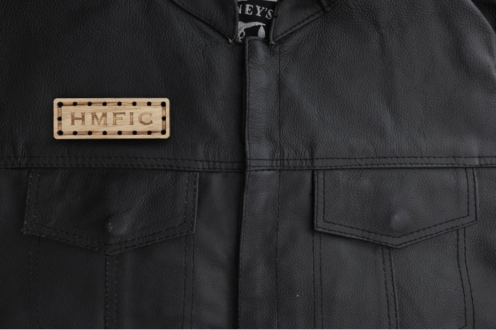 HMFIC Oak Wood Patch shown on leather vest
