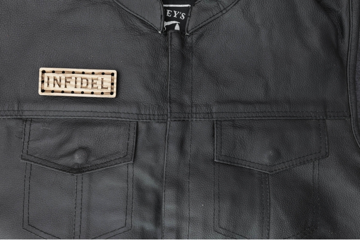 Infidel Wood Oak Patch shown on leather vest