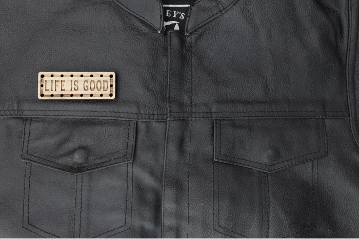 Life is good Wood Oak Patch shown on leather vest