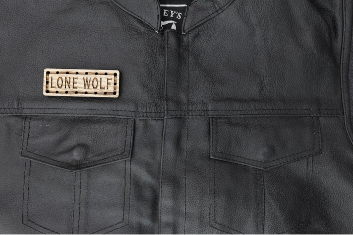 Lone Wolf Wood Oak Patch shown on leather vest