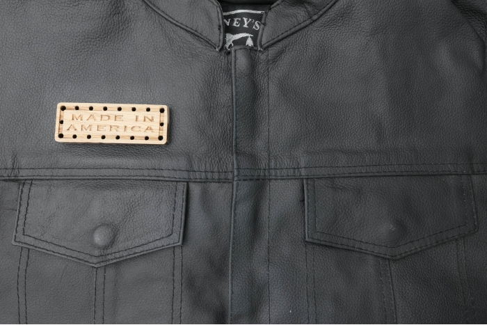 Made in America Oak Wood Patch shown on leather vest