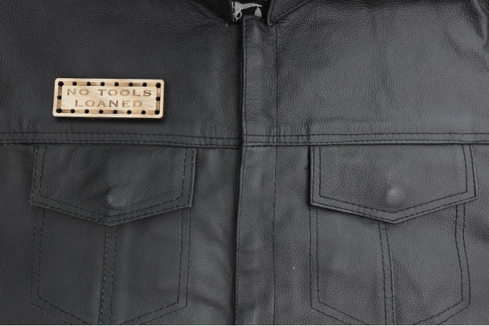 No Tools Loaned Oak Wood Patch shown on leather vest