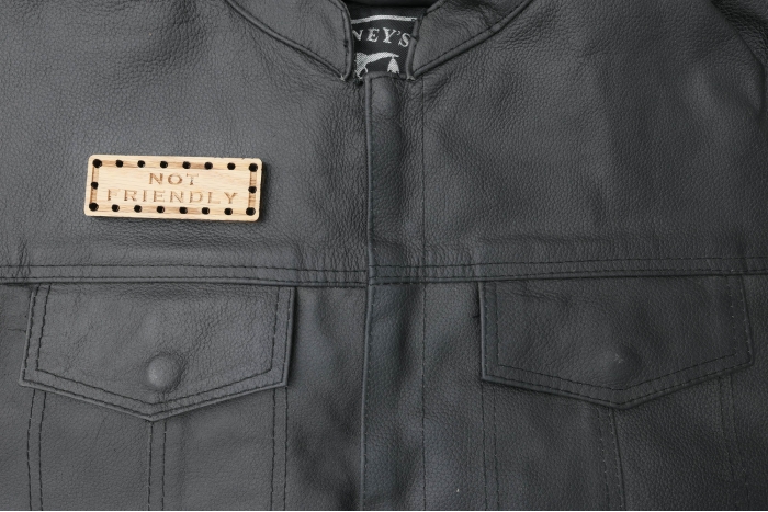 Not Friendly Oak Wood Patch shown on leather vest