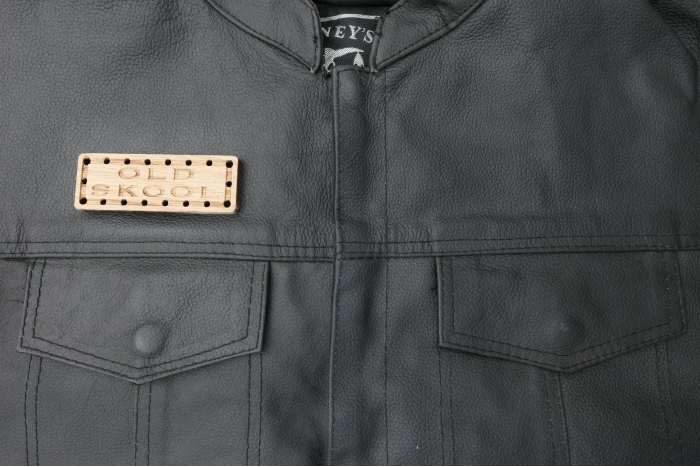 Old Skool Oak Wood Patch shown on leather vest