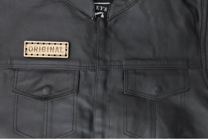 Original Wood Oak Patch shown on leather vest