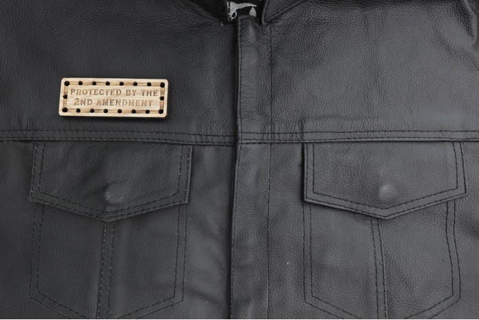 Protected by the 2nd Amendment Oak Wood Patch shown on leather vest