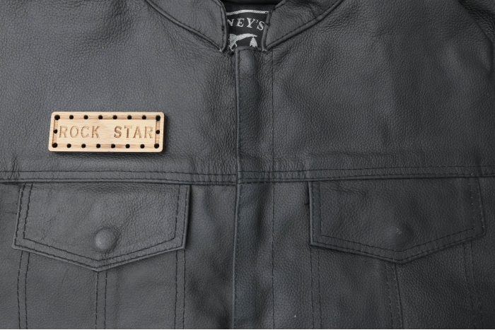 Rock Star Oak Wood Patch shown on leather vest