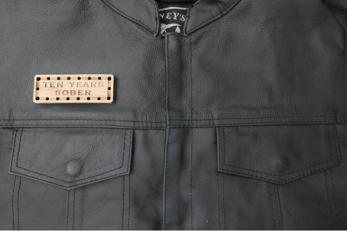 Ten Years SOBER Oak Wood Patch shown on leather vest