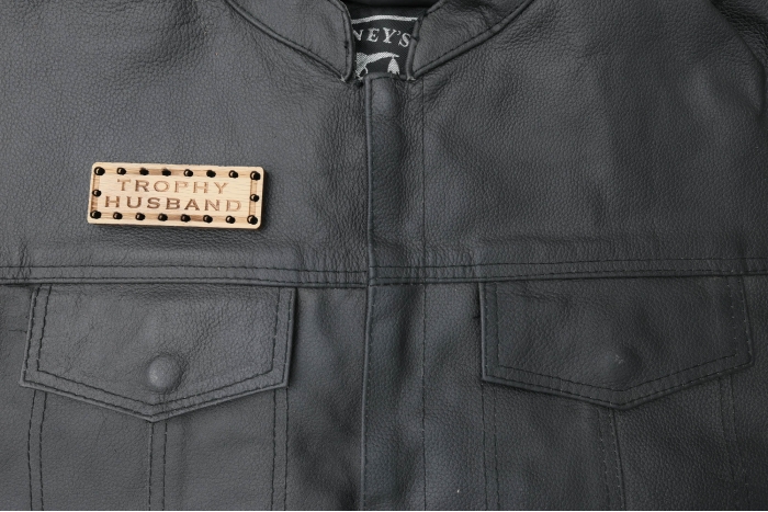 Trophy Husband Oak Wood Patch shown on leather vest