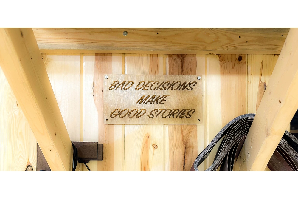 Bad Decisions Make Good Stories Wood Sign diagonal view
