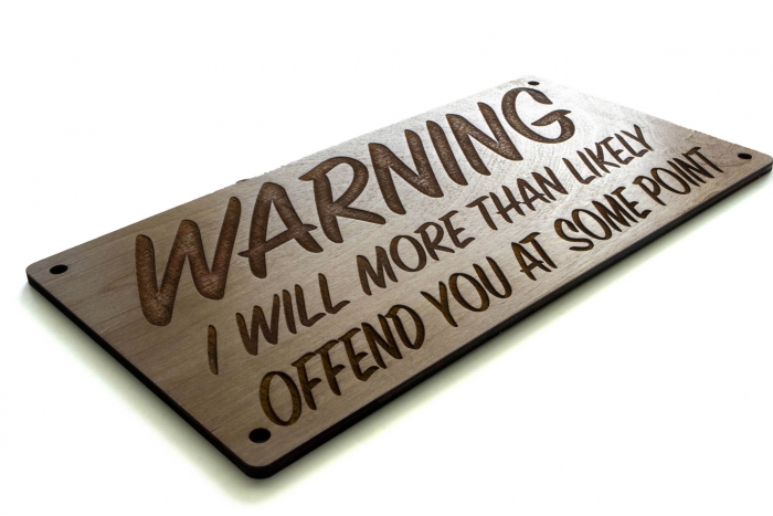 Warning I will More than likely offend you at some point wood sign diagonal view
