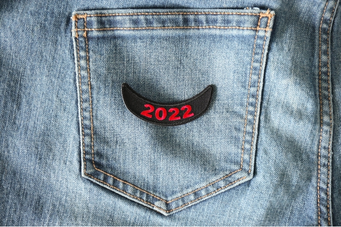 2022 Red Lower Rocker Year Patch shown on jeans