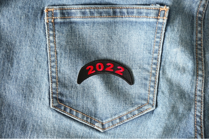 2022 Red Upper Rocker Year Patch shown on jeans