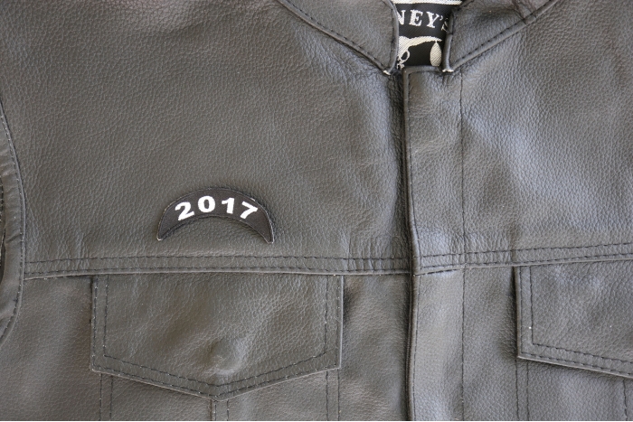 2017 White Upper Rocker Patch - 2.5x1 inch. Embroidered Iron on Patch shown on leather vest