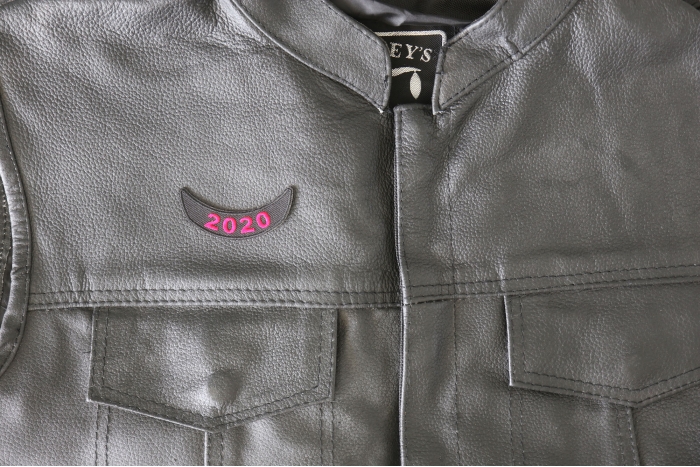 2020 Lower Red Rocker Patch - 2.5x1 inch - Embroidered Iron on Patch shown on leather vest