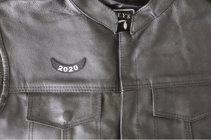 2020 Lower White Rocker Patch - 2.5x1 inch - Embroidered Iron on Patch shown on leather vest