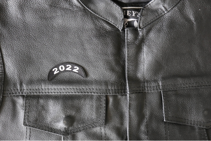 2022 Upper Rocker Patch - 2.5x1 inch - Embroidered Iron on Patch shown on leather vest