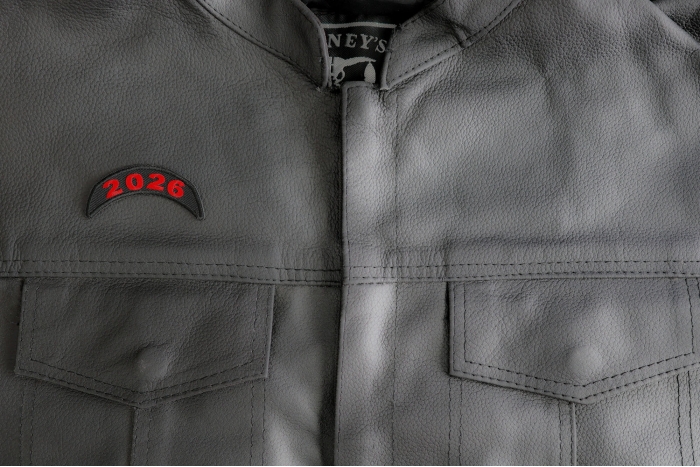 2026 Upper Rocker Red Year Patch shown on leather vest