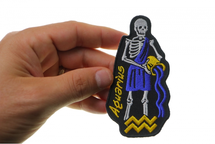 Aquarius Skull Zodiac Sign Patch, Skull Patches shown on hand for size comparison
