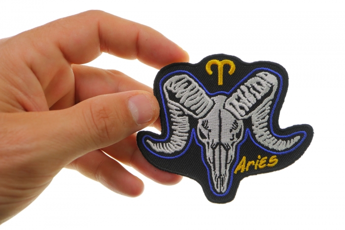 Aries Skull Zodiac Sign Patch, Skull Patches shown on hand for size comparison