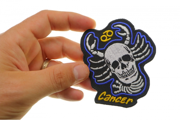 Cancer Skull Zodiac Sign Patch, Skull Patches shown on hand for size comparison