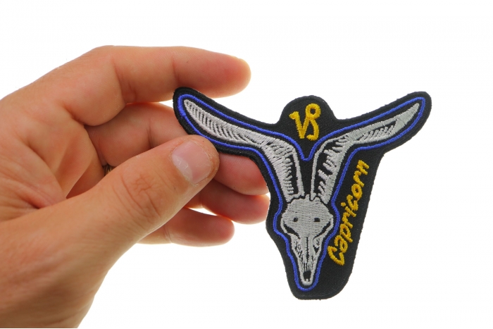 Capricorn Skull Zodiac Sign Patch, Skull Patches shown on hand for size comparison