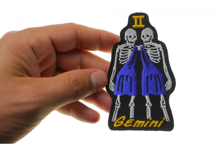 Gemini Skull Zodiac Sign Patch, Skull Patches shown on hand for size comparison