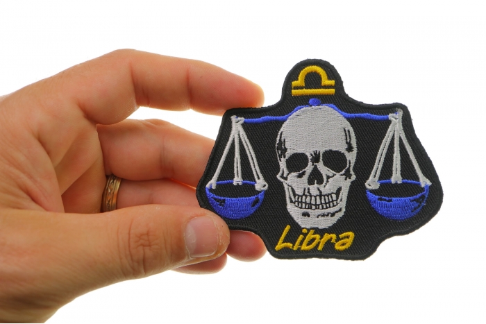 Libra Skull Zodiac Sign Patch, Skull Patches shown on hand for size comparison