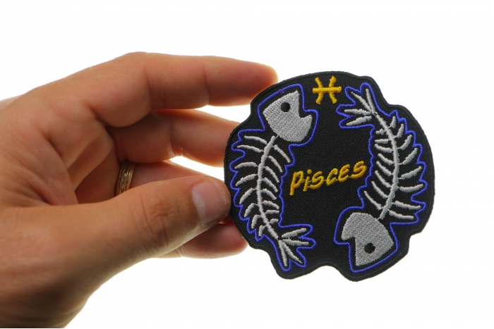 Pisces Skull Zodiac Sign Patch, Skull Patches shown on hand for size comparison