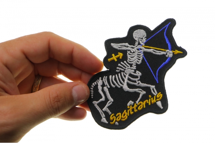 Sagittarius Skull Zodiac Sign Patch, Skull Patches shown on hand for size comparison