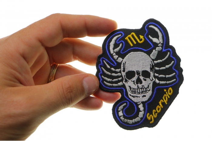 Scorpio Skull Zodiac Sign Patch, Skull Patches shown on hand for size comparison